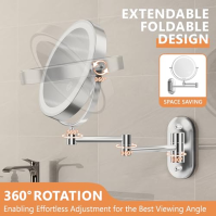 Auxmir 8'' zavěšené zrcadlo s 1X/10X zvětšením, LED zvětšovací kosmetické zrcadlo se 3 režimy světla, 360° otočné dvojité zrcadl